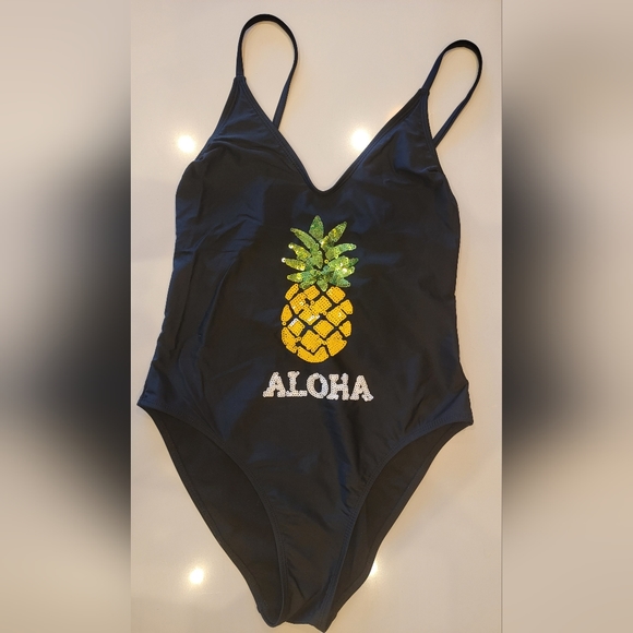 One Piece High Cut Swimsuit Sequined Pineapple ALOHA Juniors Large - Picture 4 of 13